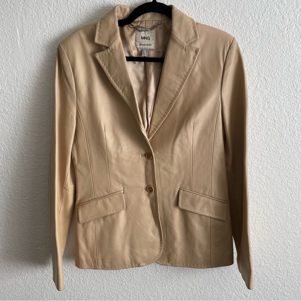 Mango Mng Lamb Genuine Leather Beige Jacket Blazer